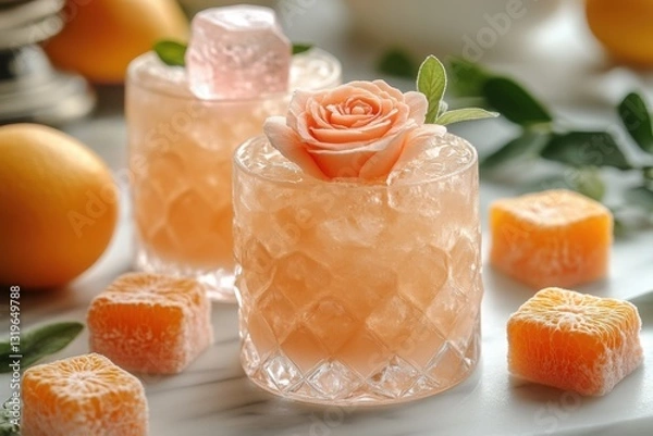 Fototapeta Refreshing orange beverage garnished with rose and orange candies perfect for a summer refreshment on a marble surface