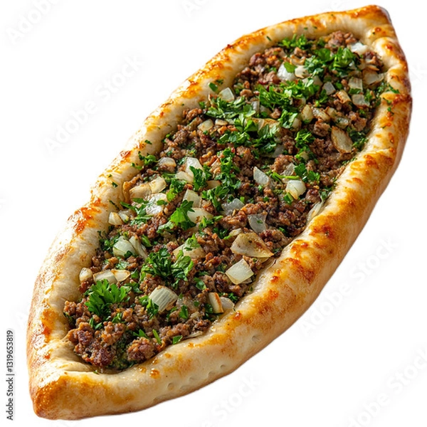 Obraz Freshly baked pide with minced meat filling topped with onions and parsley on a wooden surface, ideal for traditional cuisine photography