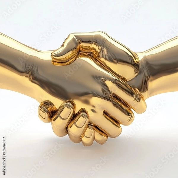 Fototapeta Polished 3D golden handshake statue symbolizing business partnership