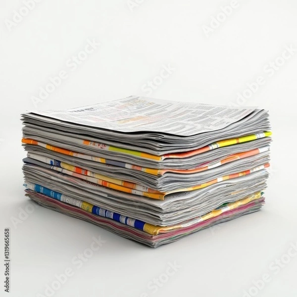 Fototapeta Realistic 3D stack of stock market newspapers on white background