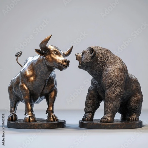 Fototapeta Dynamic 3D bronze bull and bear sculpture on display