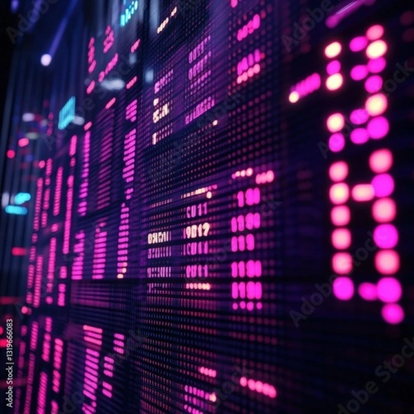 Fototapeta 3D stock ticker with scrolling neon glow numbers