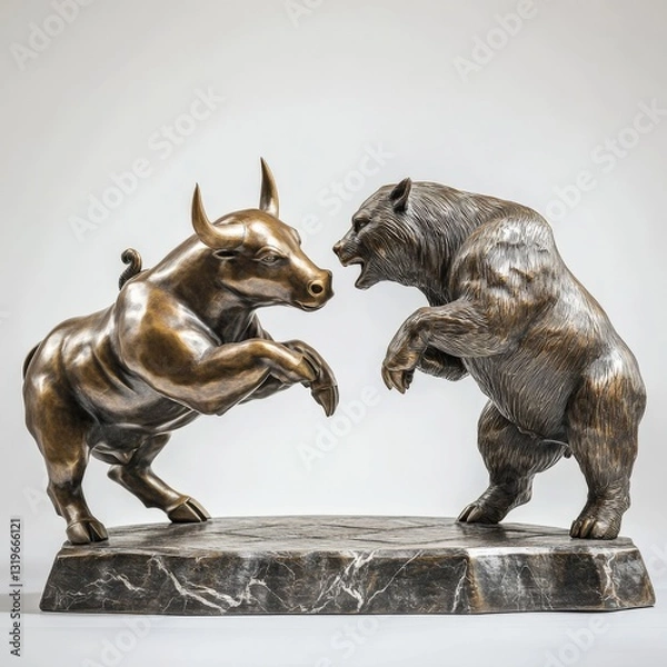 Fototapeta Dynamic 3D bronze bull and bear sculpture on display