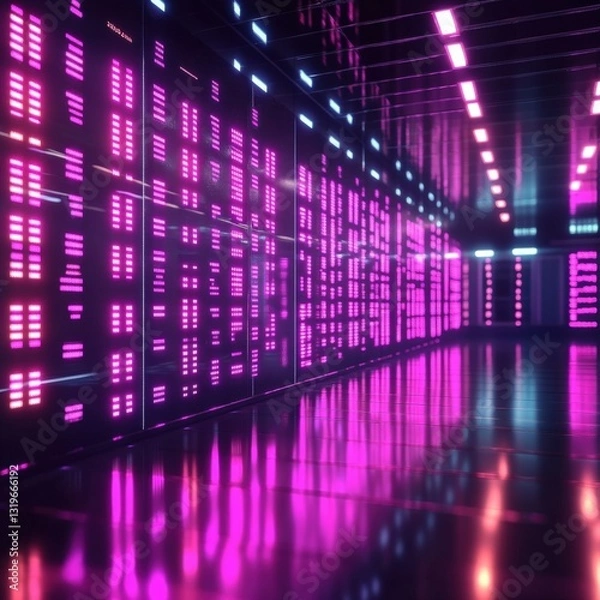 Fototapeta 3D stock ticker with scrolling neon glow numbers