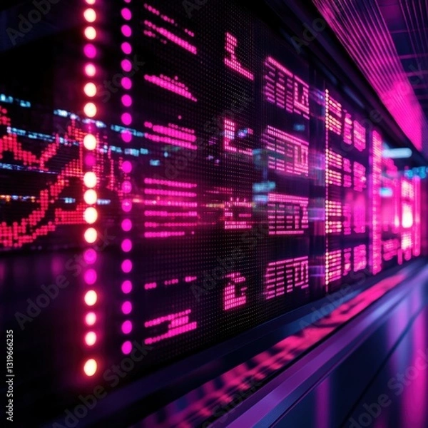Fototapeta 3D stock ticker with scrolling neon glow numbers