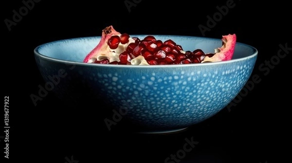 Fototapeta Vibrant Pomegranate Seeds in a Blue Bowl Against a Dark Background, Showcasing the Juicy Red Arils and Intricate Details of the Fruit's Structure and Color Contrast