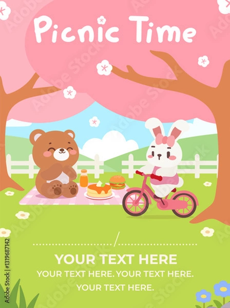 Obraz Cute Bear and Bunny Enjoying a Picnic Under Cherry Blossoms. Kawaii Picnic Poster Featuring a Happy Bear and Bunny in Nature.