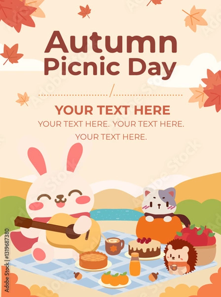 Fototapeta Adorable Autumn Picnic with Cute Bunny, Cat, and Hedgehog.