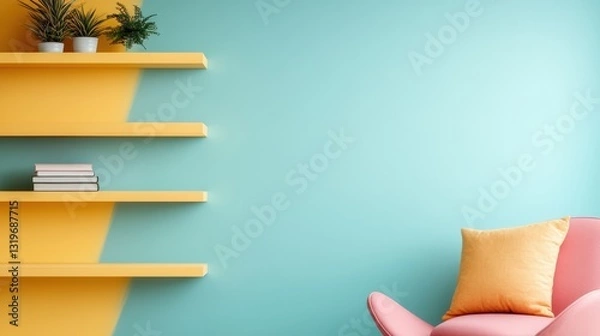 Fototapeta A modern living room showcases colorful floating shelves against a mint green wall, adorned with stylish plants and a cozy pink armchair, inviting relaxation and creativity.