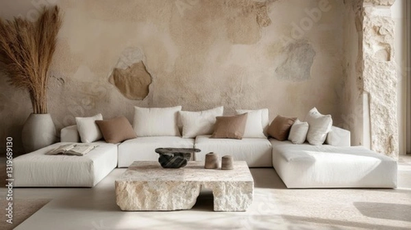 Fototapeta a living room with a large white couch and a coffee table