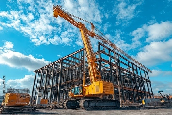 Fototapeta A large yellow crane building a steel frame structure outdoors