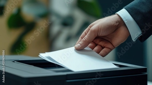 Fototapeta Businessman Feeding Documents Into Office Printer