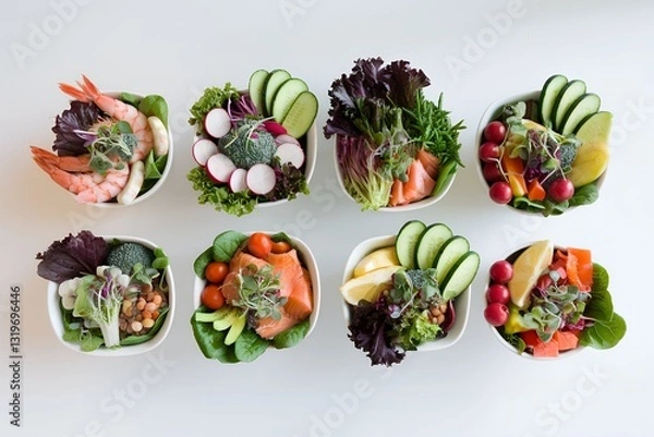Obraz Vibrant poke bowls with fresh shrimp, salmon, and colorful veggies, perfect for healthy eating. Ideal for food blogs, menus, and lifestyle content.