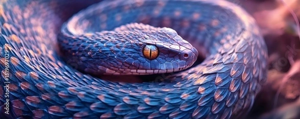 Fototapeta A coiled snake with detailed scales and a focused gaze is seen