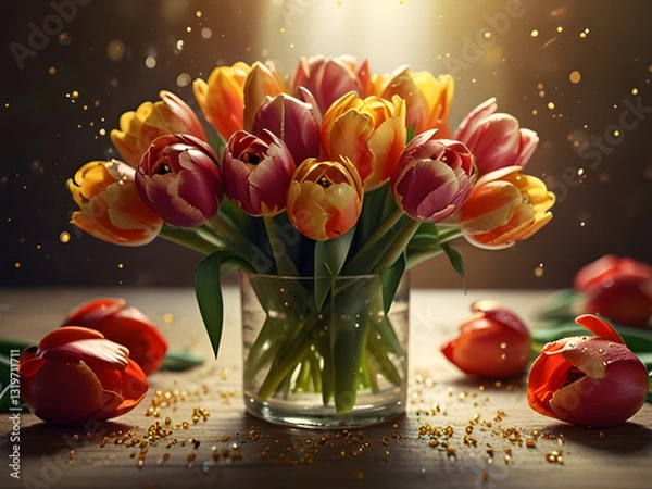 Fototapeta  A magical bouquet of tulips and roses, softly glowing with golden light, with tiny sparkles floating around. The flowers appear almost alive, moving slightly, creating an enchanting and warm atmosphe