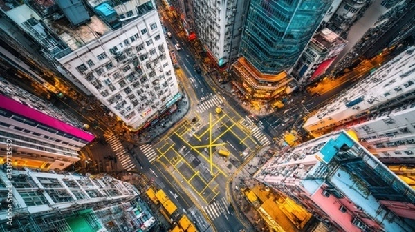 Fototapeta Hong Kong Metropolis: Aerial View of a Vibrant Intersection at Night