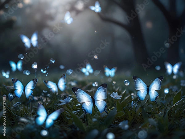 Fototapeta A soft, dreamy background with a gradient of light blue and white, featuring subtle glowing orbs and a gentle bokeh effect. Ethereal butterflies with translucent, glowing edges float across the scene