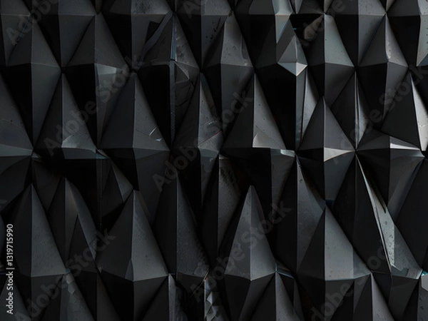 Fototapeta Image is a digital abstract artwork featuring a geometric pattern composed of numerous black triangular shapes. These shapes are arranged in a three-dimensional, faceted layout, creating a sense