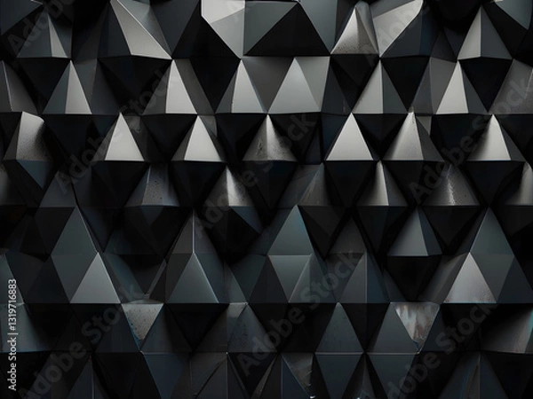 Obraz Image is a digital abstract artwork featuring a geometric pattern composed of numerous black triangular shapes. These shapes are arranged in a three-dimensional, faceted layout, creating a sense