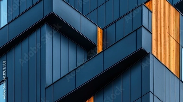 Obraz Blue building with a wooden trim. The building is tall and has a modern design. The blue and brown colors create a contrast that makes the building stand out