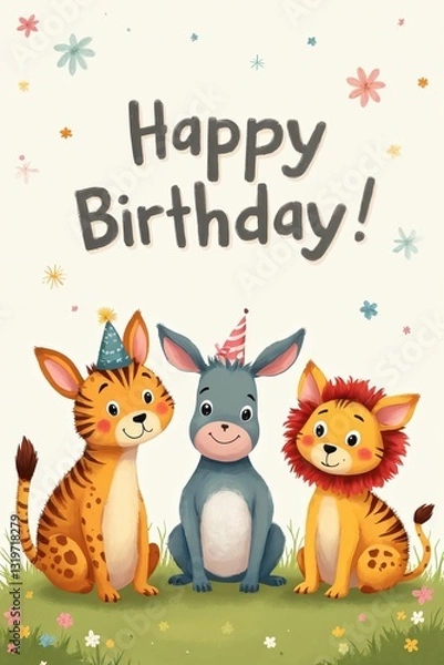 Fototapeta happy birthday card with three animals