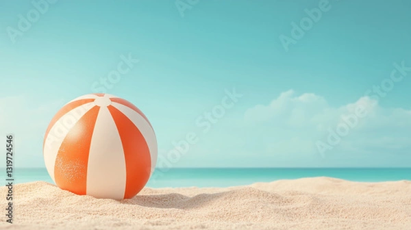 Obraz Summer vacation, holiday, travel, tourism, beach , leisure time concept. A serene beach setting with a large, striped beach ball placed on the sand.  Space for text. 