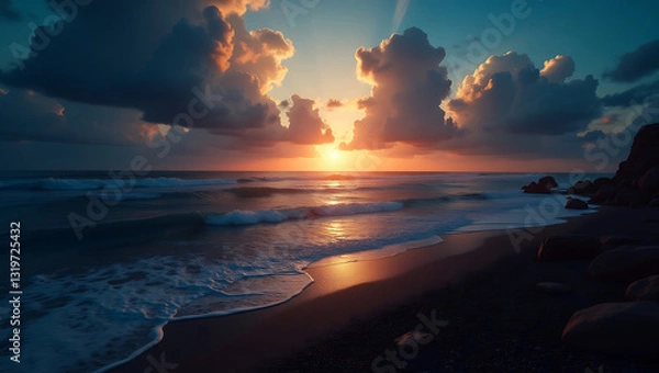 Fototapeta Sunset over beach with dramatic clouds and ocean waves
