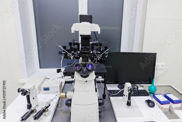 Fototapeta An advanced microscope setup with a computer and accessories, ideal for conducting scientific research