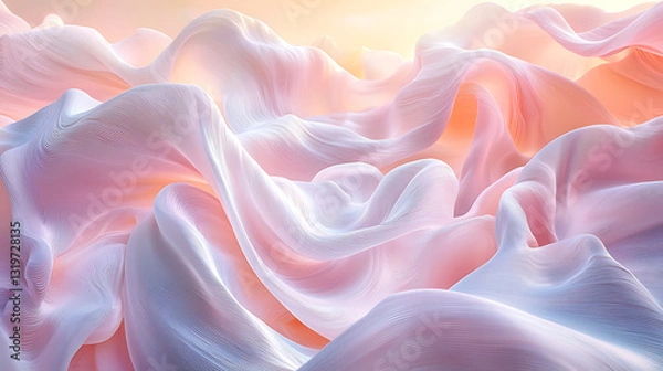 Fototapeta Flowing waves of fabric in delicate pastel shades of pink orange and white bathed in soft ethereal light.