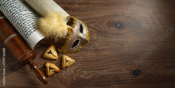 Obraz The Scroll of Esther and Purim Festival objects on a dark wooden table. Rustic.