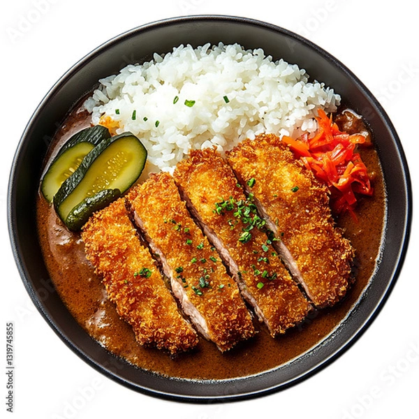 Fototapeta Delicious and Crispy Katsu Curry with Steamed Rice, Mixed Vegetables, and Pickles in a Black Bowl Perfect for Food Lovers and Culinary Enthusiasts