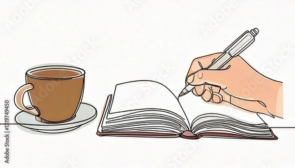 Fototapeta continuous line drawing of hand gesture writing on an open book beside a cup of coffe 