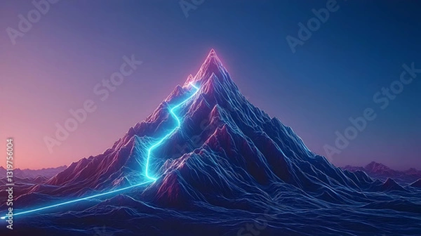 Obraz Abstract Digital Mountain With Glowing Blue Path Against Purple And Blue Gradient Sky Illustrating Technology And Data