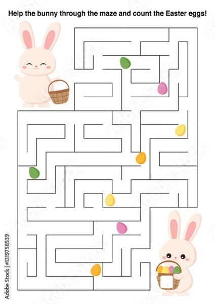 Fototapeta Cute Easter bunny maze puzzle game for kids. Help the rabbit find the way through the labyrinth and count the Easter eggs along the path. Vector illustration for children.