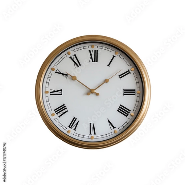 Fototapeta Roman numeral wall clock with gold accents isolated on transparent background.
