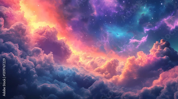 Fototapeta Glowing, iridescent clouds drifting across the heavens, radiant gases, glowing clouds, soft luminescence. Aurora Drift. Illustration