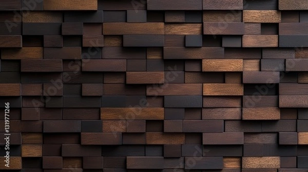 Fototapeta Wall made of wooden blocks with a brown color. The blocks are arranged in a way that creates a textured and rustic appearance