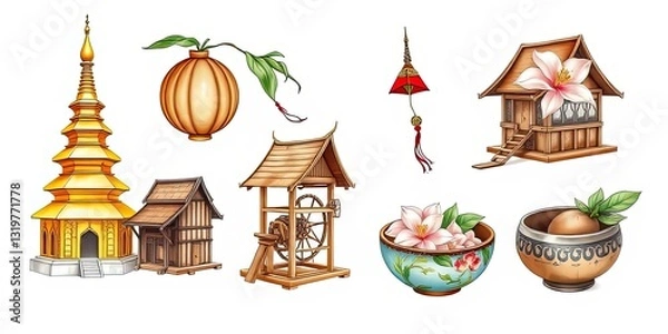 Fototapeta Asian Culture Icons Temple Houses Lantern Flowers and More