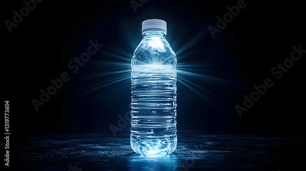 Fototapeta Illuminated Water Bottle In Blue Tones On Black Background with Splash Effect