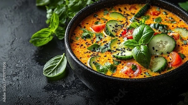 Fototapeta A bowl of soup with cucumbers, tomatoes, and basil on a black surface