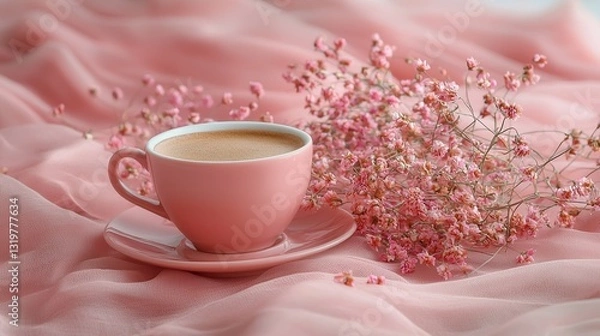 Obraz A cup of coffee sitting on top of a pink cloth
