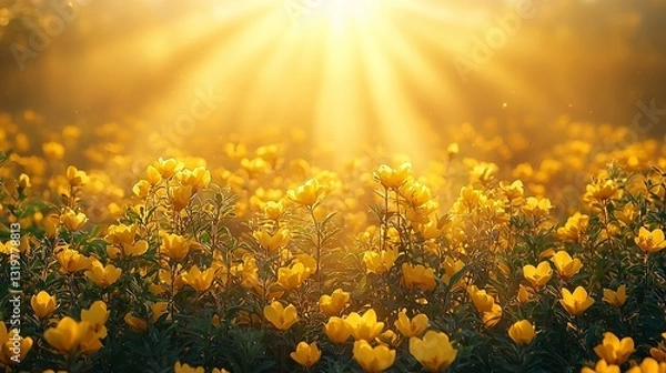 Obraz A field of yellow flowers with the sun shining through them