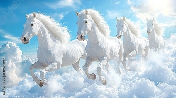 Obraz A group of white horses running through the clouds