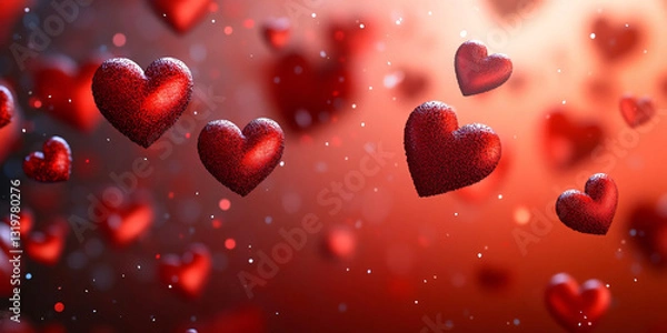 Fototapeta A dreamy background featuring floating red hearts on a soft gradient red backdrop, ideal for Valentine's Day promotions, love-themed events, or romantic greetings.