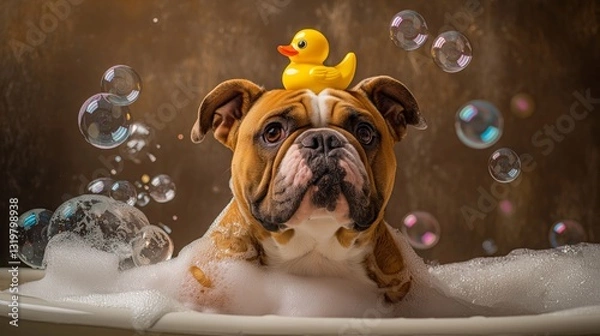 Fototapeta Cute Bulldog Taking a Bubble Bath with Rubber Duck on Head and Bubbles Floating Around