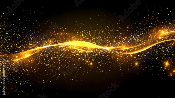 Fototapeta Abstract Golden Glitter Wave Pattern Against Black Background with Sparkling Particles and Light Effects