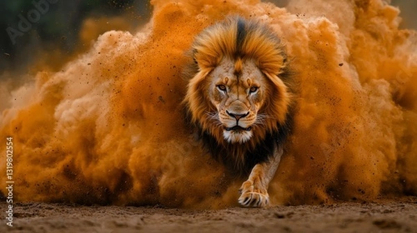 Obraz A lion running through a cloud of dust