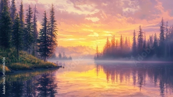 Fototapeta A serene lake captures the vibrant colors of sunrise, with tall pine trees lining the shore and soft mist hovering over the water, creating a peaceful atmosphere