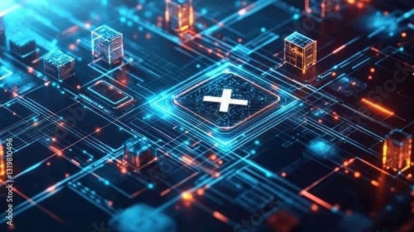 Obraz Circuit board showing plus sign glowing with orange light. Tech background and data visualization