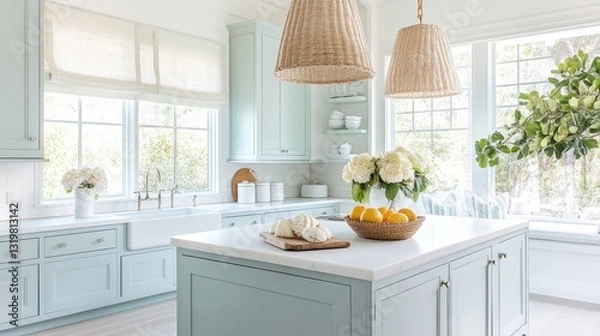 Obraz Coastal kitchen with soft blue cabinetry and bright natural light in a relaxed seaside home
